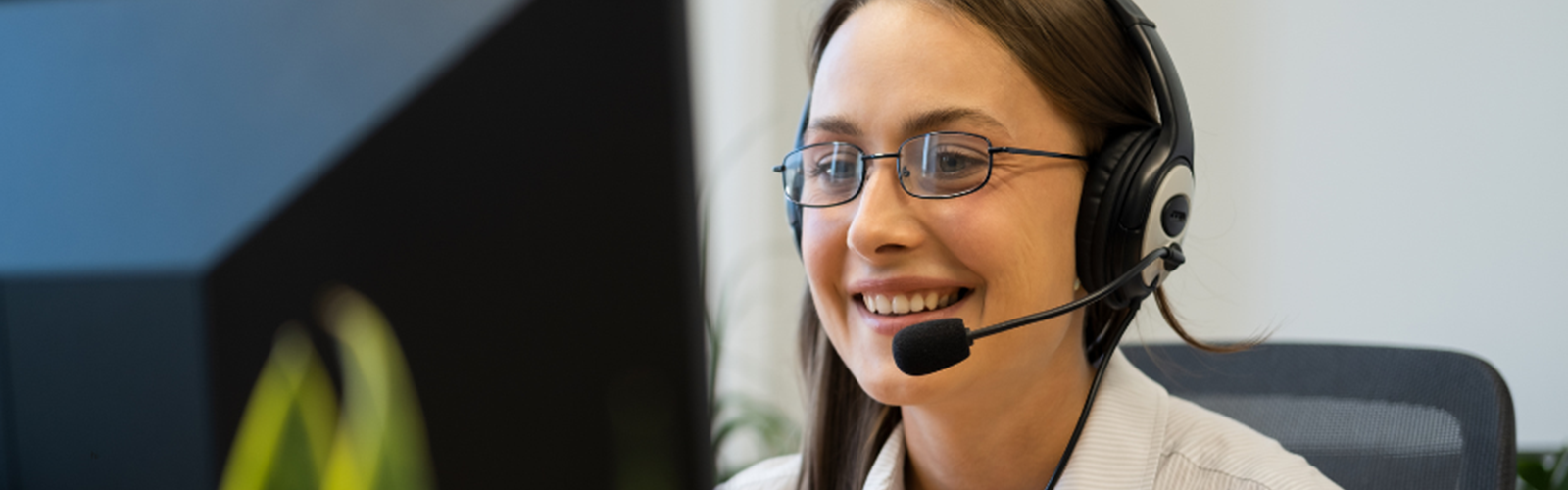 Customer service representative in front of the computer helping a client